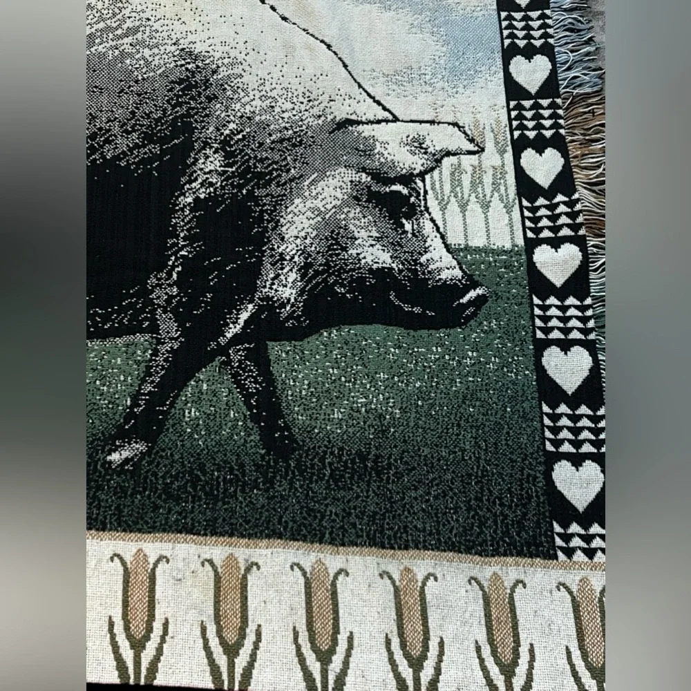 Vintage RARE Throw Blanket Tapestry Farm Pig & Hearts 46 x 70” Country Folk